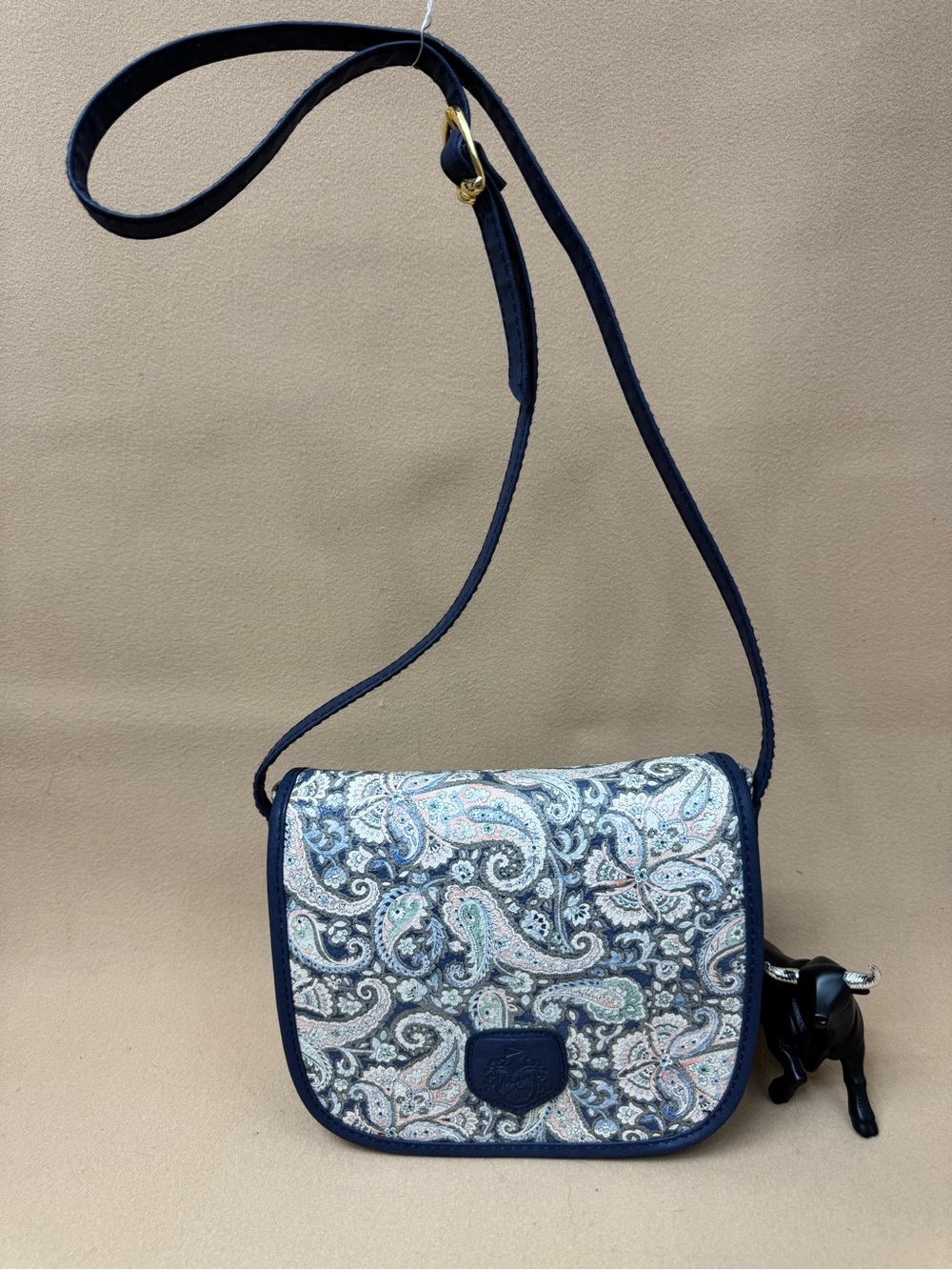 Paisley-Print Navy Crossbody Bag with Adjustable Strap